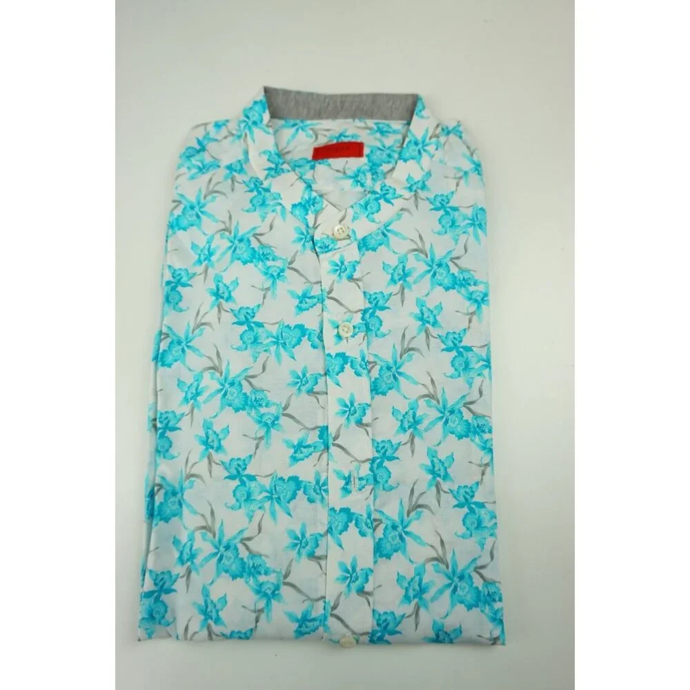 Isaia White Blue Floral Long Sleeve Linen Blend Dress Shirt Sz 15.5/39 BRAND NEW - Picture 1 of 6